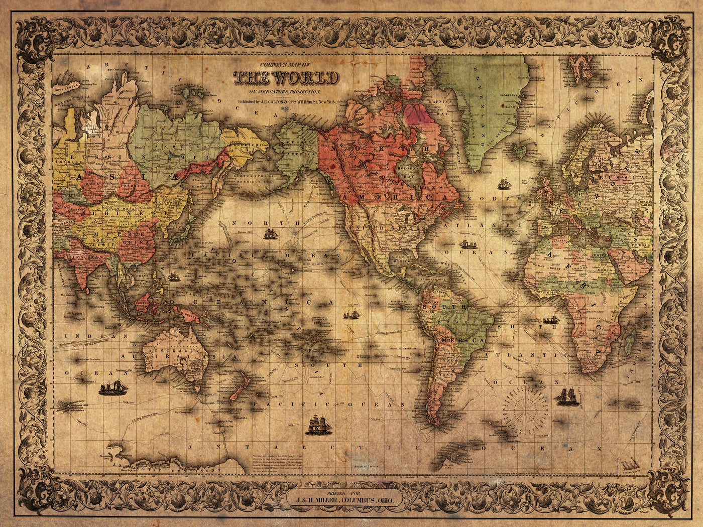 1852 Coltons Vintage Map of the World Antiqued
