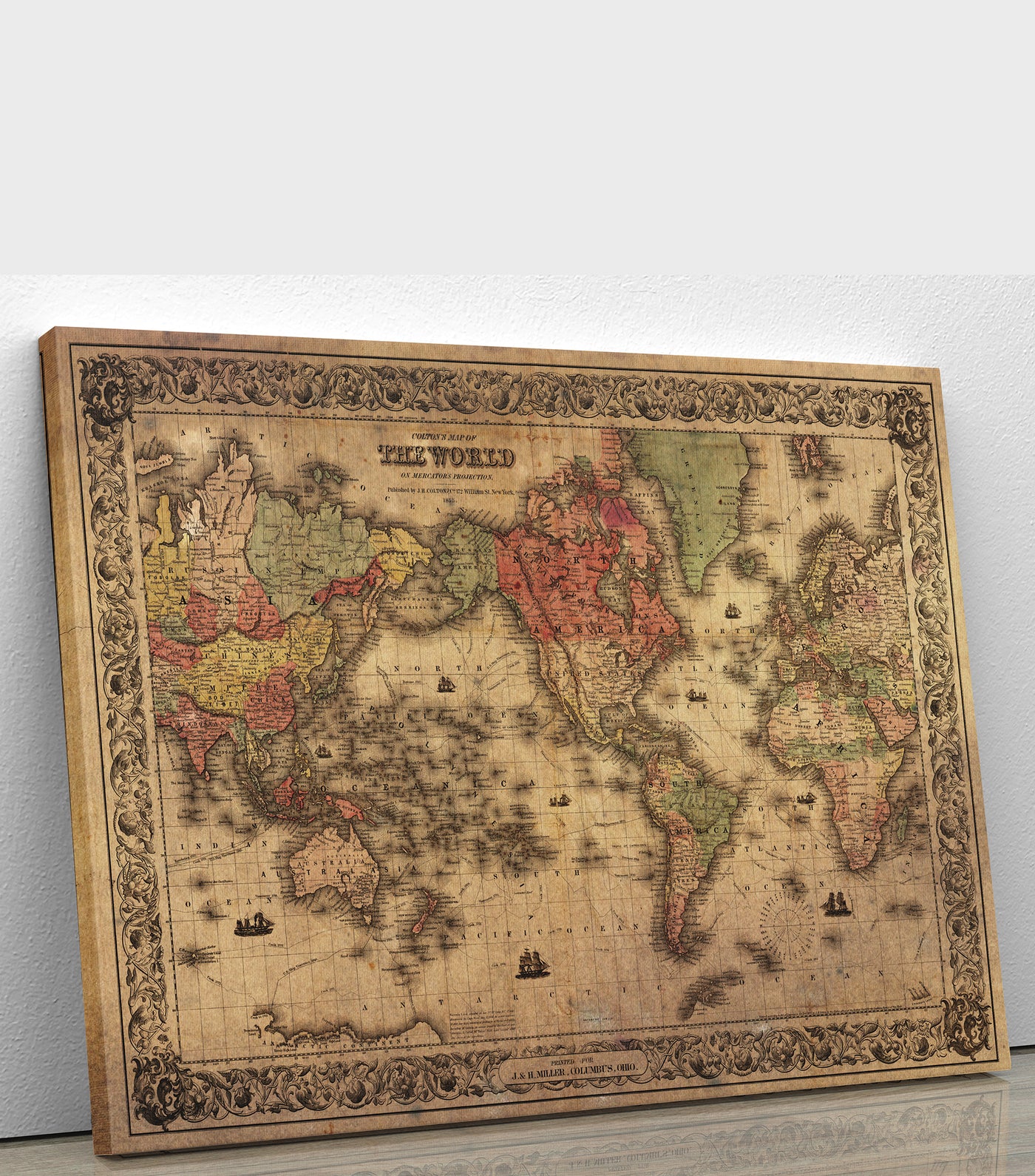 1852 Coltons Vintage Map of the World Antiqued