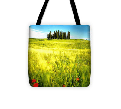 Red Poppies and Cypress Trees  - Tote Bag
