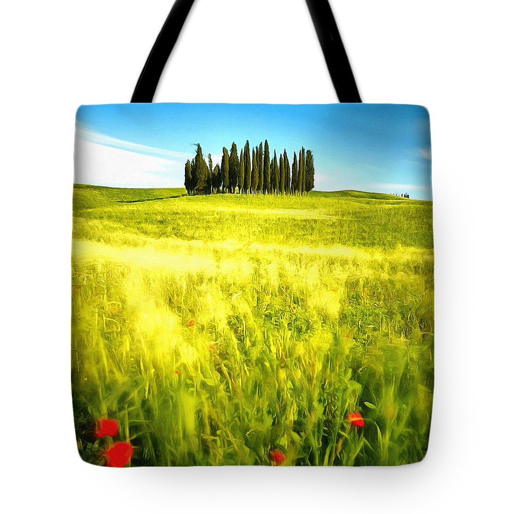 Red Poppies and Cypress Trees  - Tote Bag